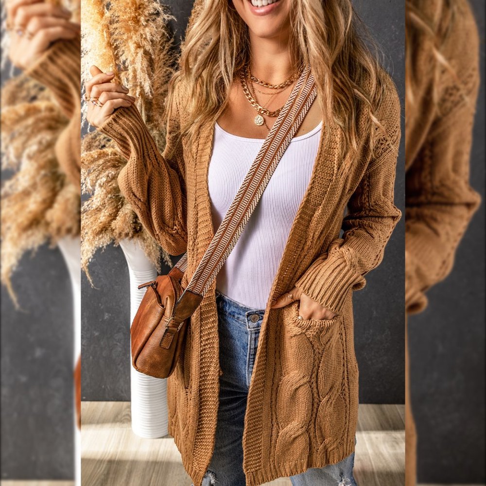 Khaki Ribbed Trim Eyelet Cable Knit Cardigan